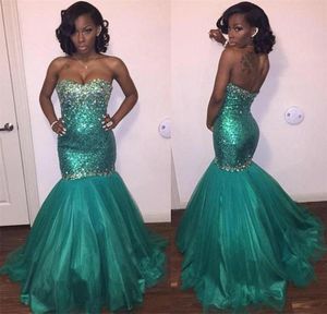 Sparkly Turquoise Prom Dresses Strapless Beaded Sequined Evening Gowns mermaid Stunning Rhinestone Black Girl Party Gowns8972922