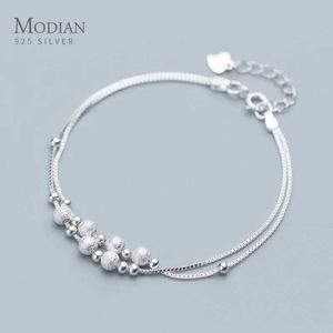 Bangle Modian Fashion Womens Podwójny łańcuch Frosted Ball and Light Pead Pure Silver 925 Znakomita biżuteria 2020 Projekt Q240506