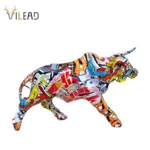 Sculptures Vilead Graffiti Charging Bull Statue Resin Anime Pop Art Modern Design Painting Sculpture Home Room Decoration Figurine Mosaic