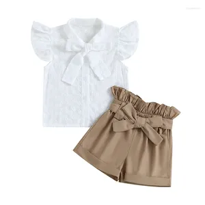 Bekleidungssets Baby Girls Sommer 2 -Stück -Outfit Blumenspitzenknopf Tops und elastische Shorts mit Gürtel süße Kleidung