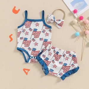 Set di abbigliamento bambine 4 ° luglio Shorts bandiera senza maniche pantaloncini estivi pezzi estivi per mesi H240507