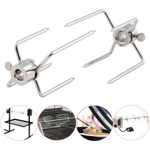 Accessories 1Pc Stainless Steel Rotisserie Meat Forks Clamp Grill Meatpicks Barbecue Skewer with Locking Screw Quick Adjustments BBQ Tools