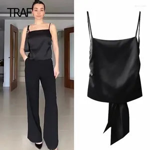 Kvinnors tankar Bow Slip Top Women Spring Summer 2024 Satin Black Square Neck Sleeveless Backless Elegant Aesthetic Tops For Ladies