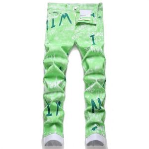 Men's Jeans Mens denim jeans printed with letters green fashion straight high quality loose fitting Trojan daily party trend high street pantsL2405