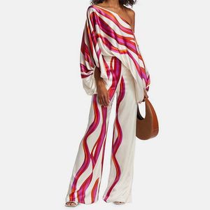 Womens Fall Loose 2 Piece Outfits Off Shoulder Printed Long Sleeve Casual Going Out Wide Leg Pants Set 2405071