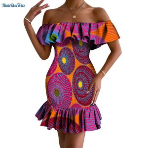 Bodycon Dress for Women 2024 Off Shoulder Ruffle Trim Shirred Elasticated Ankara Dresses Summer African Print Dresses WY10200