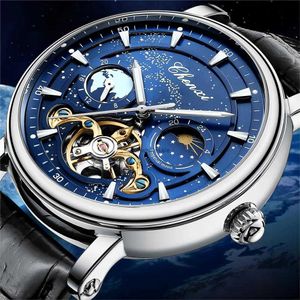 Star River Moon Phase Hollow Mechanical Tourbillon Watch Fully Automatic Night Glow Belt Male