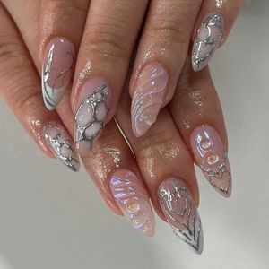 False Nails 3D Water Wave Pattern Fake Nails Patch Cool Sliver Line Design Almond False Nails Full Finished y2k Girl Artificial Nail Patch T240507