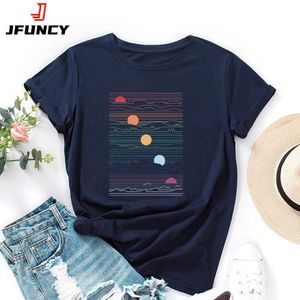 Kvinnors t-shirt Jfuncy Sunrise Print Women Tee Tops 2024 100% Cotton Summer Loose T-shirt Woman Shirts Fashion Casual Kaii Jer Tshirt D240507