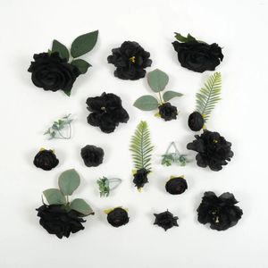 Kwiaty dekoracyjne 45pcs czarny sztuczny jedwabny kwiat głowica zielony liść zestaw do majsterkowania rzemieślnicze bukiety wakacyjne wystrój