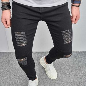 Мужские джинсы мужчины хип -хоп растягивающие отверстия скинни -карандашные джинсы Стильные огорченные черные мужские тонкие джинсовые штаны для брюк мужских брюк Y240507