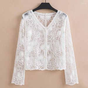 Women's Polos Fashion Lace Cardigan Sun Protection Clothing Women Long Sleeve Loose Top 2024 Spring Summer Ladies Thin Coat Hollow Blouse