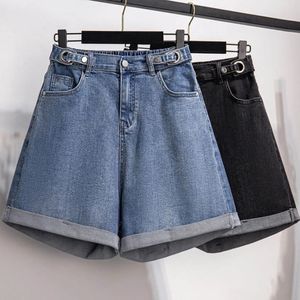 150Kg Plus Size Womens Denim Shorts High Waist Casual Loose Straight Wide Leg Pants Hip 150cm 5XL 6XL 7XL 8XL 9XL Black Blue 240420