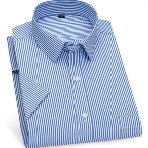 メンズドレスシャツ夏の新しいメンズビジネスショートスルーシャツカジュアルノンニング高品質のフォーマルストライプドレス通気性スリムD240507