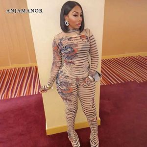 Women's Two Piece Pants ANJAMANOR Baddie 2 Piece Sets Striped Print Mesh Shr Top and Pants Suits Strtwear Women Sexy Nightclub Outfits D87-DB21 T240507
