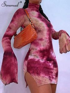 Городские сексуальные платья с тисненым галстуком окрашиваемая моквая шейная платья для женских боковых боковых сплит ребристые длинные клубные одежды Полуночная одежда Мини -платье Hot T240507