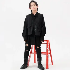 Одежда наборы детские мальчики костюмы девочки уличная одежда мода хип -хоп джаз танец черная рубашка отверстия брюки жилет детские гомочки