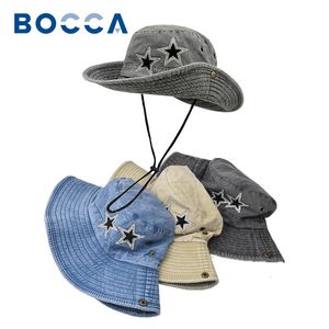 Bocca Y2K Bucket Hat Bling Star Retro Washed Panama Fisherman Hats Women Wide Brim Denim Vintage Summer Sun Outdoor Travel Cap 240426