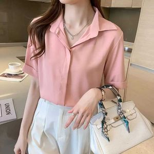 Women's Blouses Shirts Womens Solid Summer Pullover Turn-down Collar Chiffon Short Sle T-shirt Casual Elegant Fashion Vacation Office Lady Tops d240507