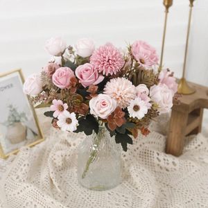 Decorative Flowers Artificial Rose Flower Dandelion Mixed Fake Bridal Bouquet For Home Garden Wedding Party Living Room DIY Decoration Craft