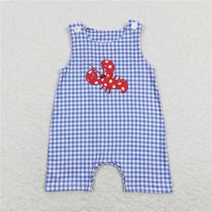 Clothing Sets Fashion Baby Boys Girls Embroidered Polka Dot Crayfish Blue And White Plaid Romper Wholesale Boutique Children Match Outfit