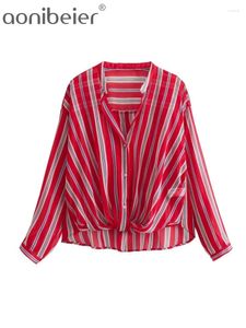 Women's Blouses Aonibeier Ultra Thin Semi Sheer Chiffon Shirt Women Summer V Neck Long Sleeve Striped Print Blouse Female Crop Top Y2K