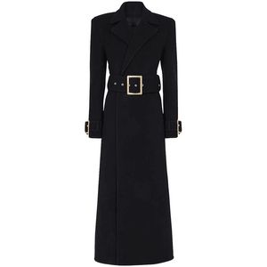 long coats for women wool trench coat women Lapel Neck long Sleeve Belt Cotton Wool Solid color Sashes slim Career Related Functions standard Black S 2XL womens jacket