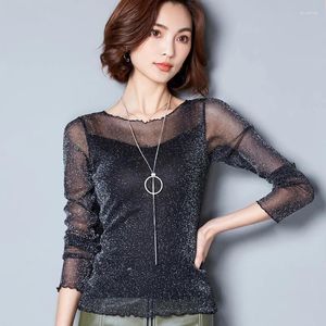 Women's Blouses 2024 Glitter Mesh Blouse Sexy Womens Shirts Long Sleeve Tops Korean Black Pink O-Neck Elegant Slim Camisas Femininas