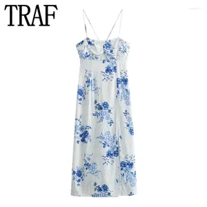 Casual Dresses 2024 Print Floral Midi Dress Woman Blue Slip Corset Women Sleeveless Backless Party Sexy Holiday