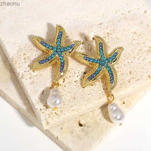 Dangle Kronleuchter Bohemian Seestarfish Ohrringe Perle Blau Strass anheize Ohrringe geeignet für Damen Seestern Schmuck Juwely Sommer Holiday Beach Geschenk XW