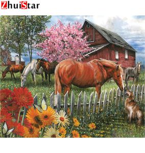 5d DIY Diamond Målning Full Square Cross Stitch Square Inlaid Farm Horse Brodery Rhinestone målning Tillbehör WHH8167723