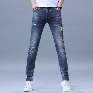 Printed Diamond Jeans for Mens Summer Thin Elastic Fashion Trendy Slim Fit Leisure Luxury European Goods Long Pants Men