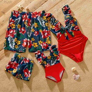 Familjsmatchande kläder Familj Matchande baddräkt Floral Print Solid Spliced ​​Ruffle Trim One-Piece Swimsuit and Swim Trunks D240507