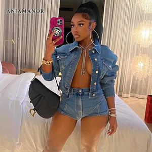 Kvinnors tvådelade byxor Anjamanor Two Piece Set Blue Denim Jacket and Shorts Strtwear Fall Outfits Fashion Women 2023 Matching Set D73-GD66 T240507