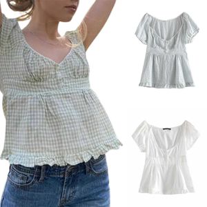女性用Tシャツレディースサマー夏半袖Tシャツソリッドカラー/格子縞の低いネックラインプリーツヘムカジュアルTopl2405