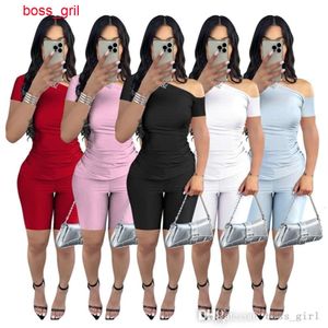 Women Tracksuits Two Pieces Set Designer 2024 New Summer Fashion Diagonal Shoulder Short Sleeve Sexy Shorts Casual Set 5 Colours