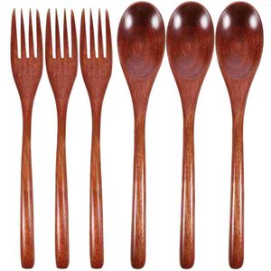 Set di stoviglie da 6 pezzi cucchiaio in legno e forcella set a due pezzi con impugnatura a manico lungo solido stoviglie per adulti forchetti forchetti cucchiai di alimentazione
