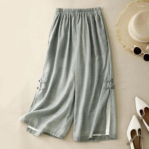 Women's Pants Double Cotton Linen High Waist Wide Leg Capri 2024 Summer Korean Style Loose Elegant Casual Straight