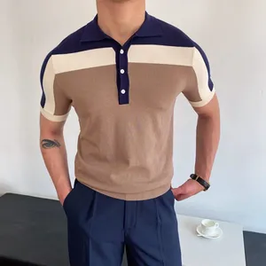 Erkek Polos Erkek Polo Gömlek Çizgi Patchwork 2024 Sıradan Örgü İnce Fit Moda Vintage Erkekler Kısa Kollu Kazak Üst Giyim