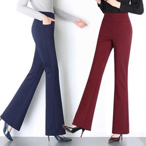 Calça feminina capris office lady moda moda sólida flare all-match calça primavera outono de tamanho grande e elástico solto alta cintura feminino casual calça de perna larga y240504