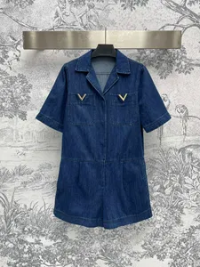 Märke mode blue denim single breasted lady lapel playsuits kvinnor kort