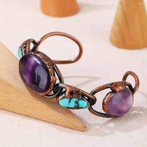 Bangle Yeevaa 1pc Purple Crystal Amethyst Turquoise Armband med Copper Open Raw Gemstone Energy Healing Stone Handgjorda
