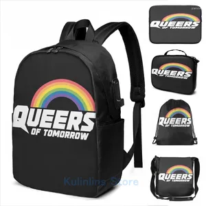 Рюкзак забавный графический принт Queers of Tomorrow USB Зарядка мужски для мужчин школьные сумки для женщин.