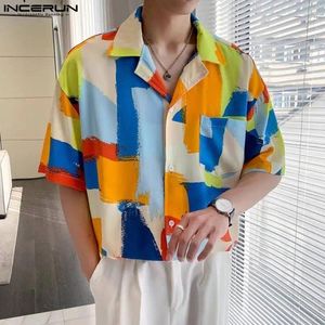 Camicie casual maschile in incerun top 2024 in stile coreano colorato a contrasto quadrata stampato streetwear camicetta a maniche corta s-5xl
