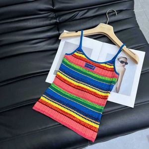 Women's Tanks & Camis Designer 2024 Summer Rainbow Stripe Cotton Yarn Weaving Water Wash Chest Hook Flower Letter Fashionable Knitted camisole Top Womens Fashion