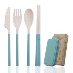 Folding Wheat Portable Straw Set Tableware Tablewares Cutlery Knife Fork Spoon Chopsticks Detachable With Storage Box s