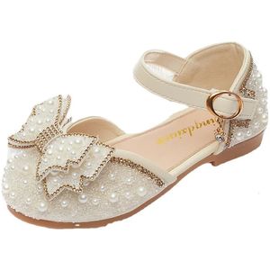 Сандалии девочек милые лук жемчужные блески детская принцесса обувь плоские каблуки дети танцы размером 21-36 240507