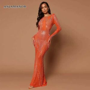 Urbane sexy Kleider Anjamanor Crystal Mesh Shr Luxury Abendkleider 2023 Elegant sexy Long Slve Flare Saum Rückenfreies Maxikleid D57-II73 T240507