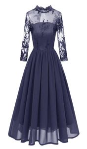 Women Embroidery 34 Sleeve Dresses Stand Collar Formal Evening Elegant Chiffon Lace Party Dress Vintage Dress DK9029CL7917907