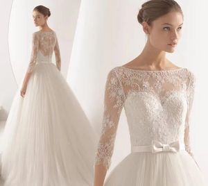 Pizzo batuau e tulle 3/4 abiti da spalla a maniche lunghe abiti da sposa abito da sposa da sposa da spiaggia